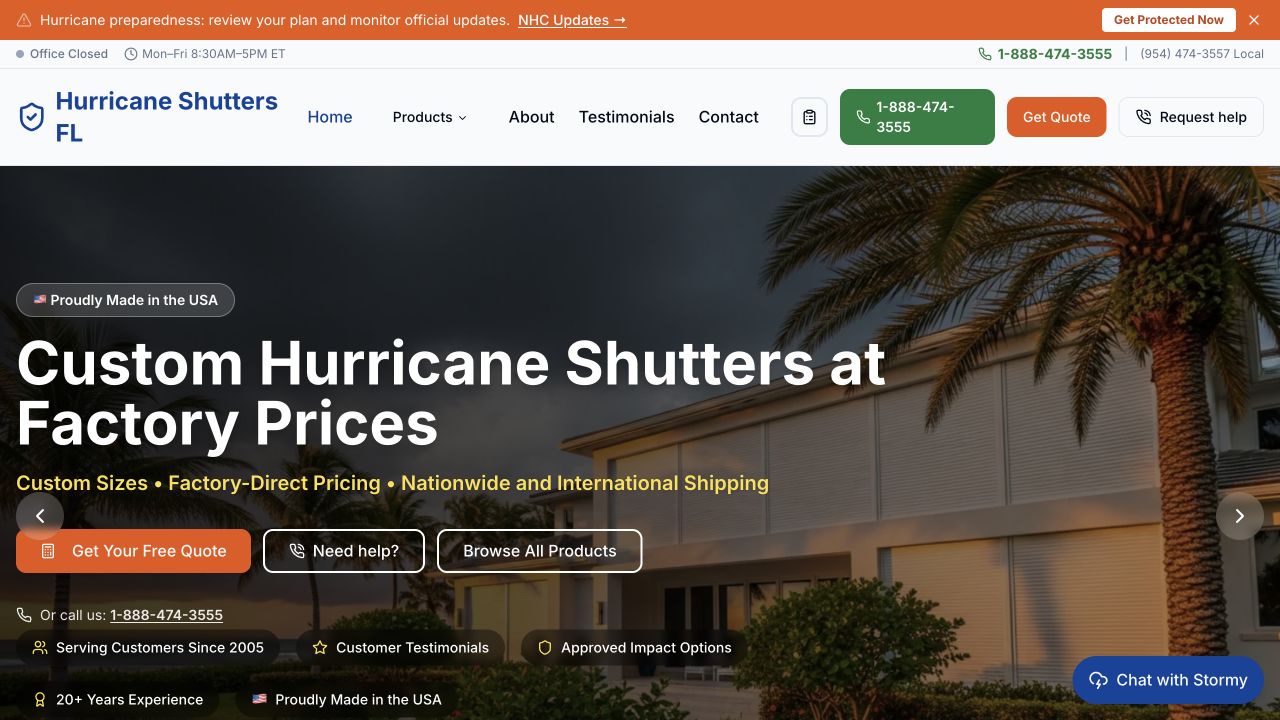 Hurricane Shutters Florida customer website